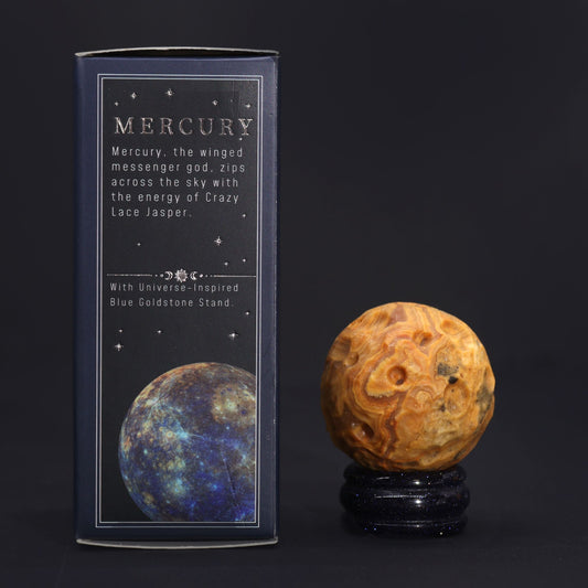 Crazy Lace Jasper Planet on a Sola Goldstone Stand (MERCURY) lifestyle product photo on neutral background