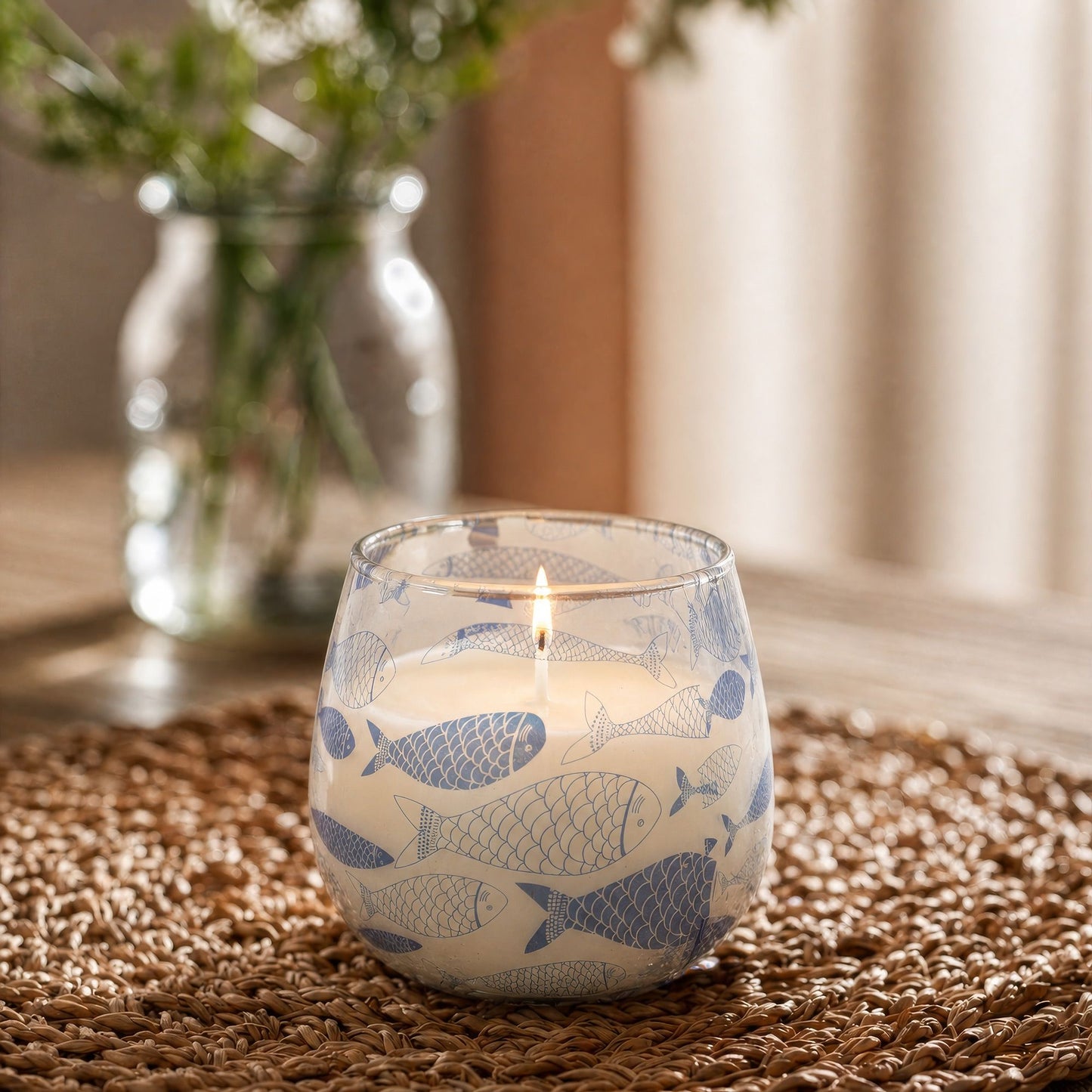 Detailed close up view highlighting the high quality craftsmanship and individual features of the small glass jar candles seabreeze491