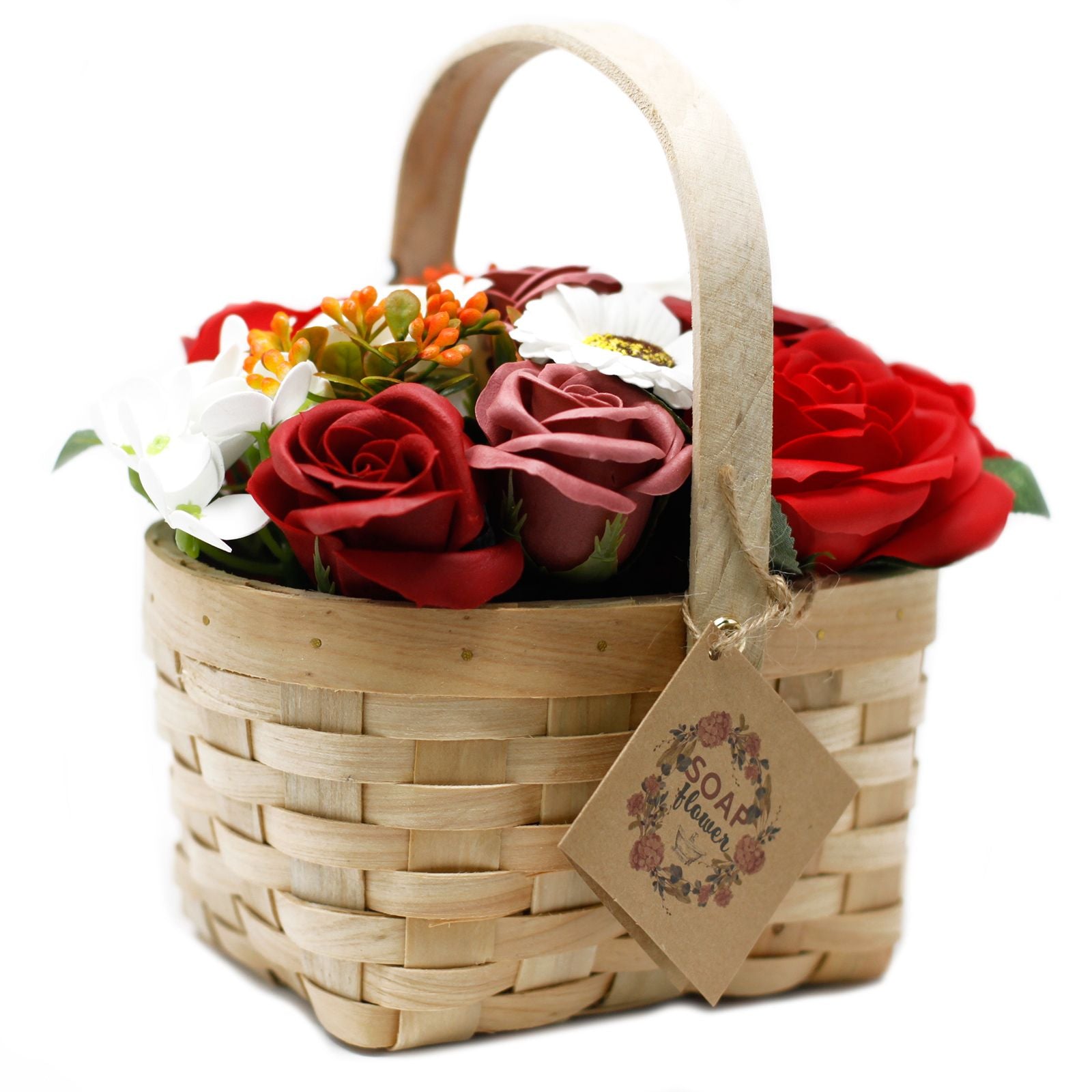 Luxury presentation of the large red bouquet in wicker basket823 showing the premium artisan packaging and complete set contents