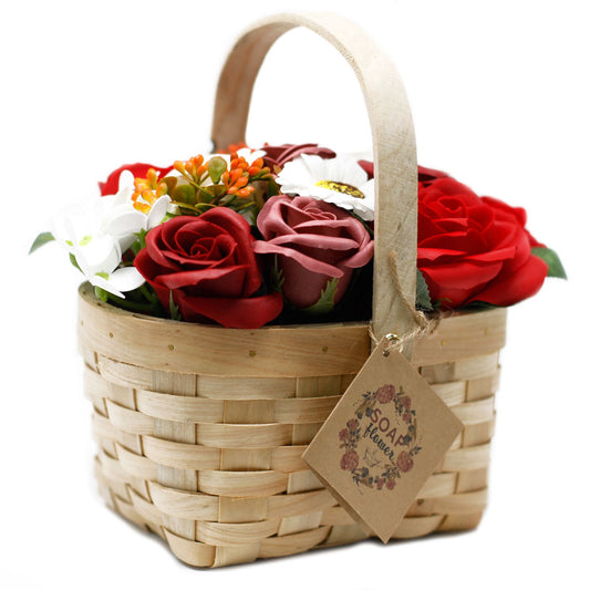 Luxury presentation of the large red bouquet in wicker basket823 showing the premium artisan packaging and complete set contents