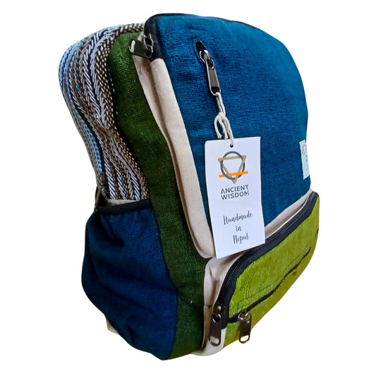 Large Boxy Hemp Backpack - Teal & Sage lifestyle product photo on neutral background