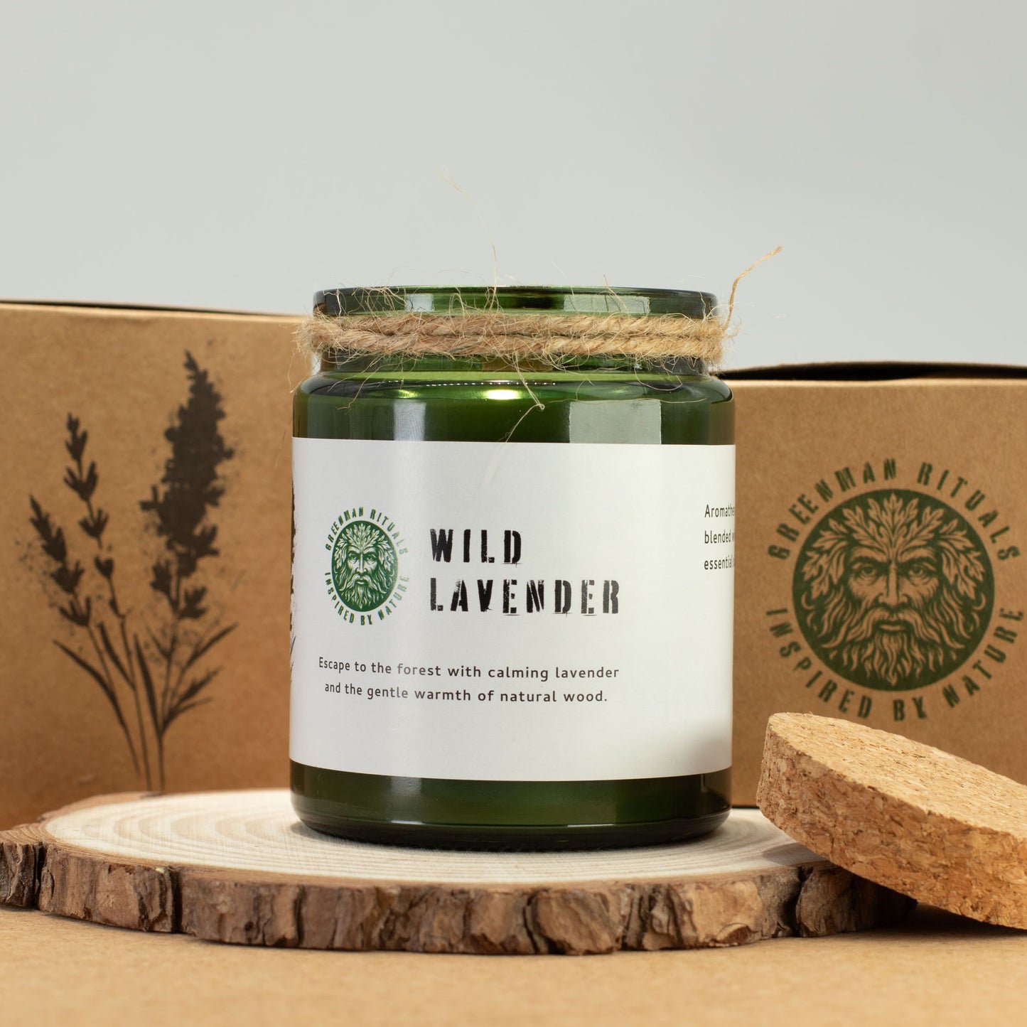 Detailed close up view highlighting the high quality craftsmanship and individual features of the greenman woodwick soy candle wild lavender521
