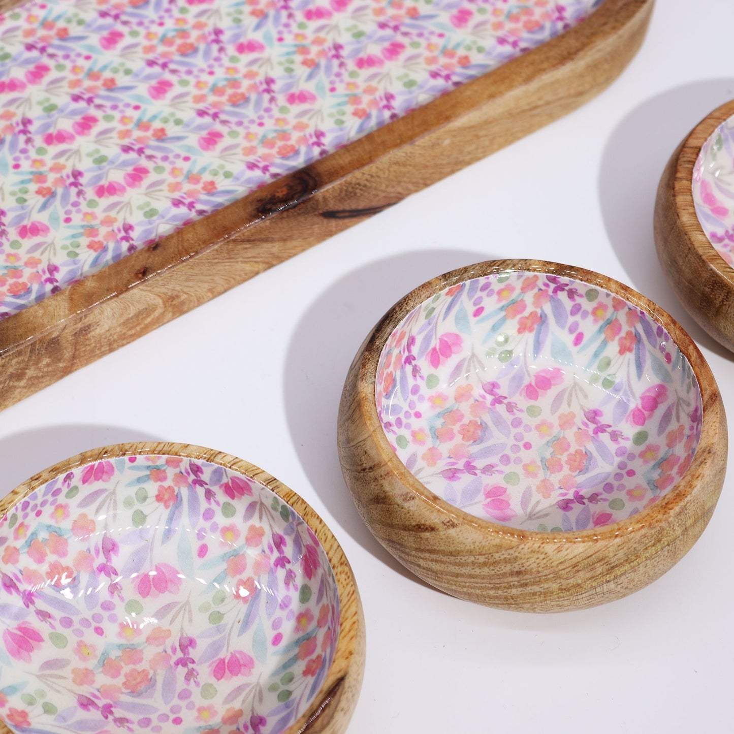 Mango Wood Tray with 3 Bowls - Pretty Floral from our luxury mango wood bowls, trays & coasters collection