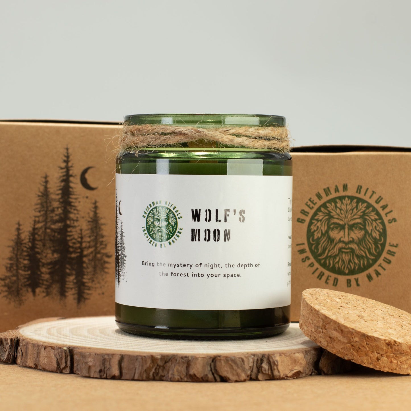 Detailed close up view highlighting the high quality craftsmanship and individual features of the greenman woodwick soy candle wolfs moon556