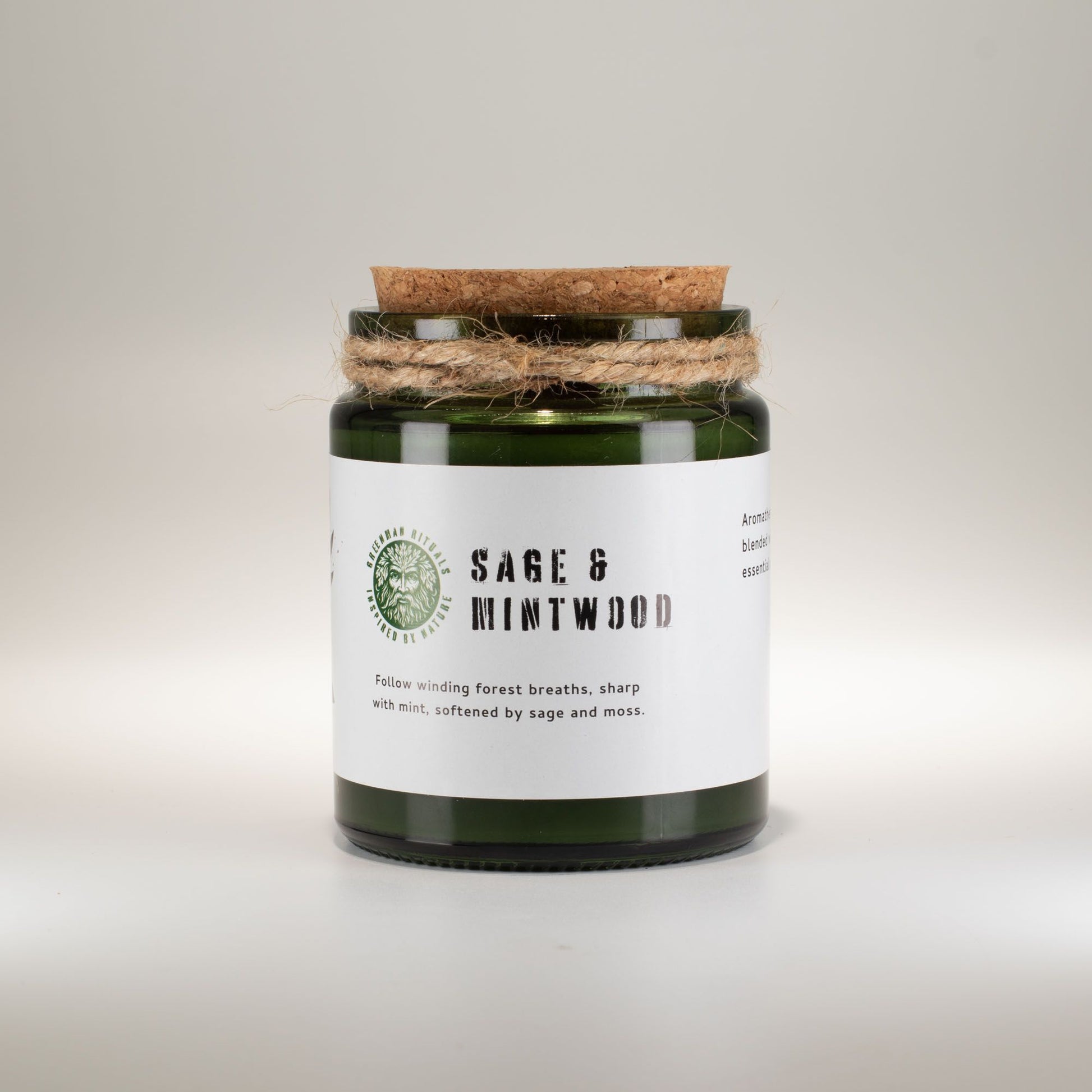 Detailed close up view highlighting the high quality craftsmanship and individual features of the greenman woodwick soy candle sage mintwood546