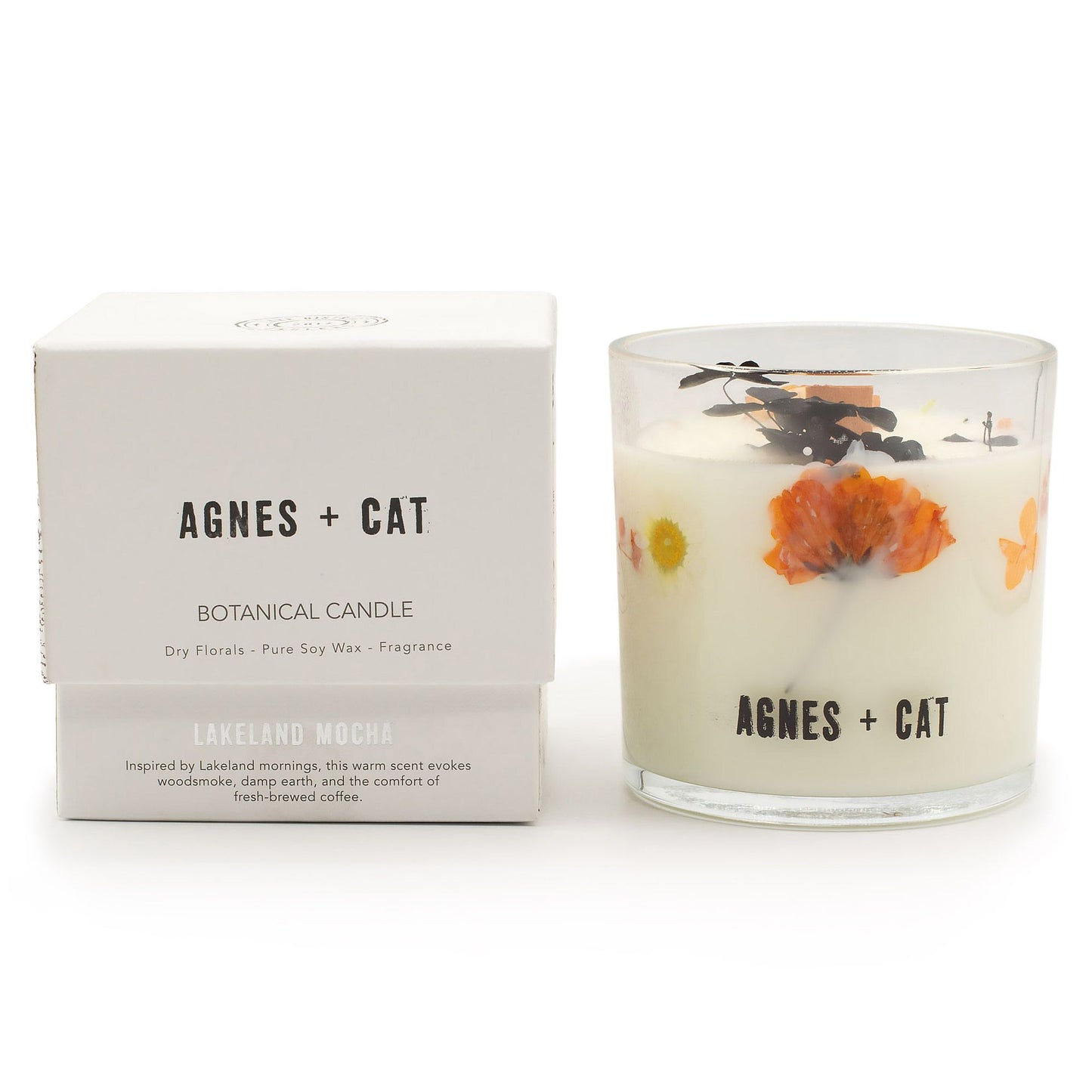 Detailed close up view highlighting the high quality craftsmanship and individual features of the agnes cat botanical soy wax candle lakeland mocha571