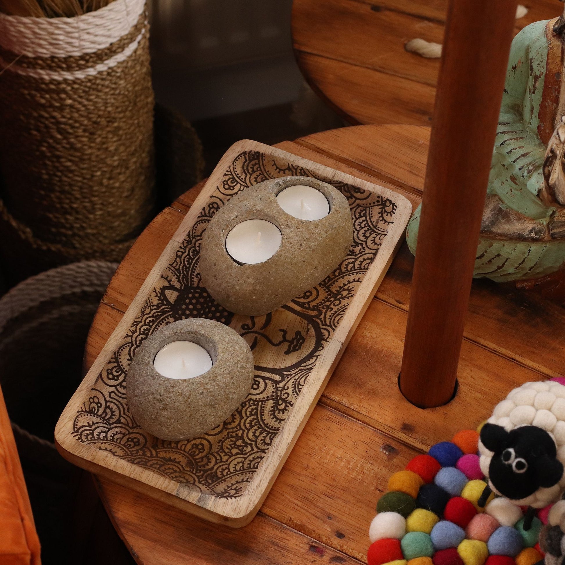 Detailed close up view highlighting the high quality craftsmanship and individual features of the natural riverstone candle holder double nightlight660