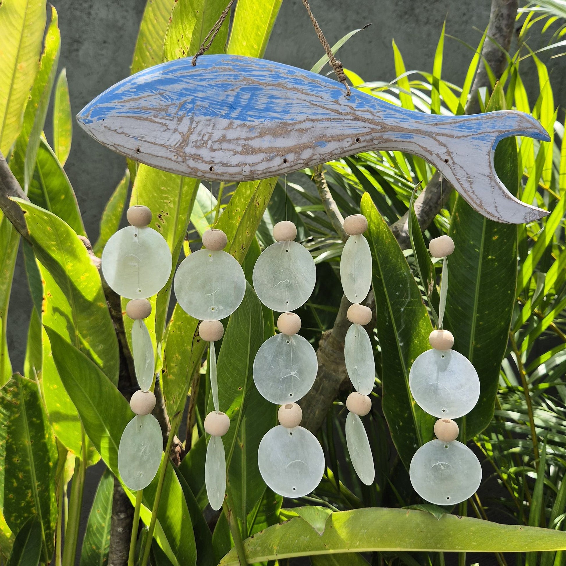 Bluewash Fish Carving and Natural Copis Drop from our luxury driftwood chime collection