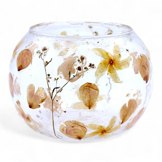 Detailed close up view highlighting the high quality craftsmanship and individual features of the natural floral glass large bowl candle holder rosa 12x13cm644