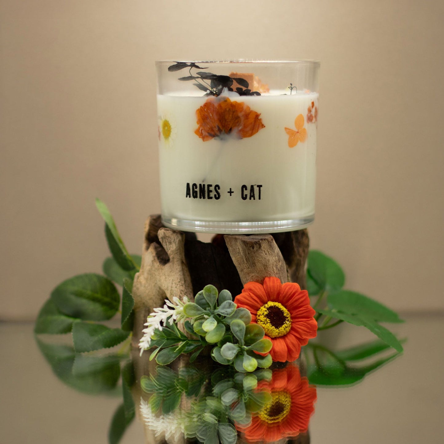Detailed close up view highlighting the high quality craftsmanship and individual features of the agnes cat botanical soy wax candle lakeland mocha571