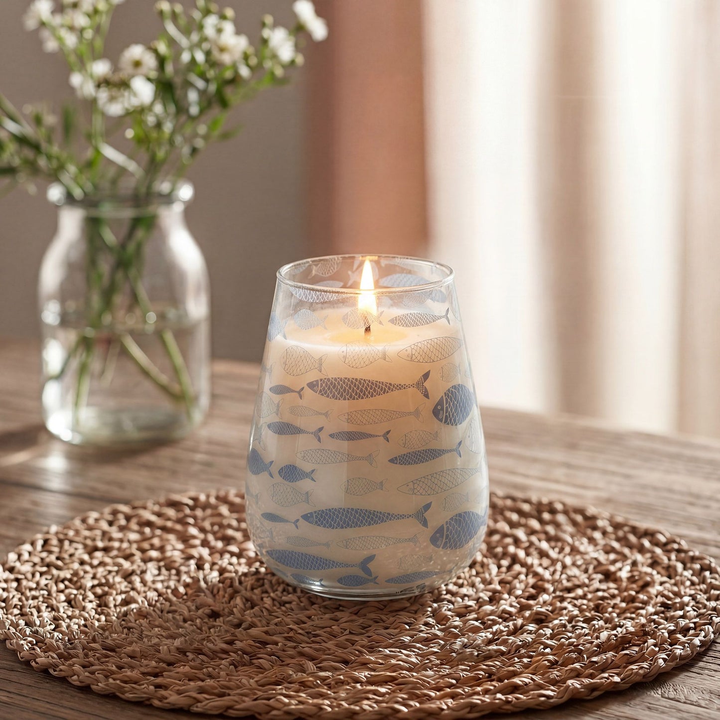 Detailed close up view highlighting the high quality craftsmanship and individual features of the tall glass jar candles seabreeze394