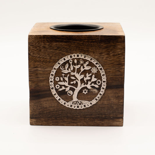 Large Square Mango Wood Oil Burner  - Tree of Life lifestyle product photo on neutral background