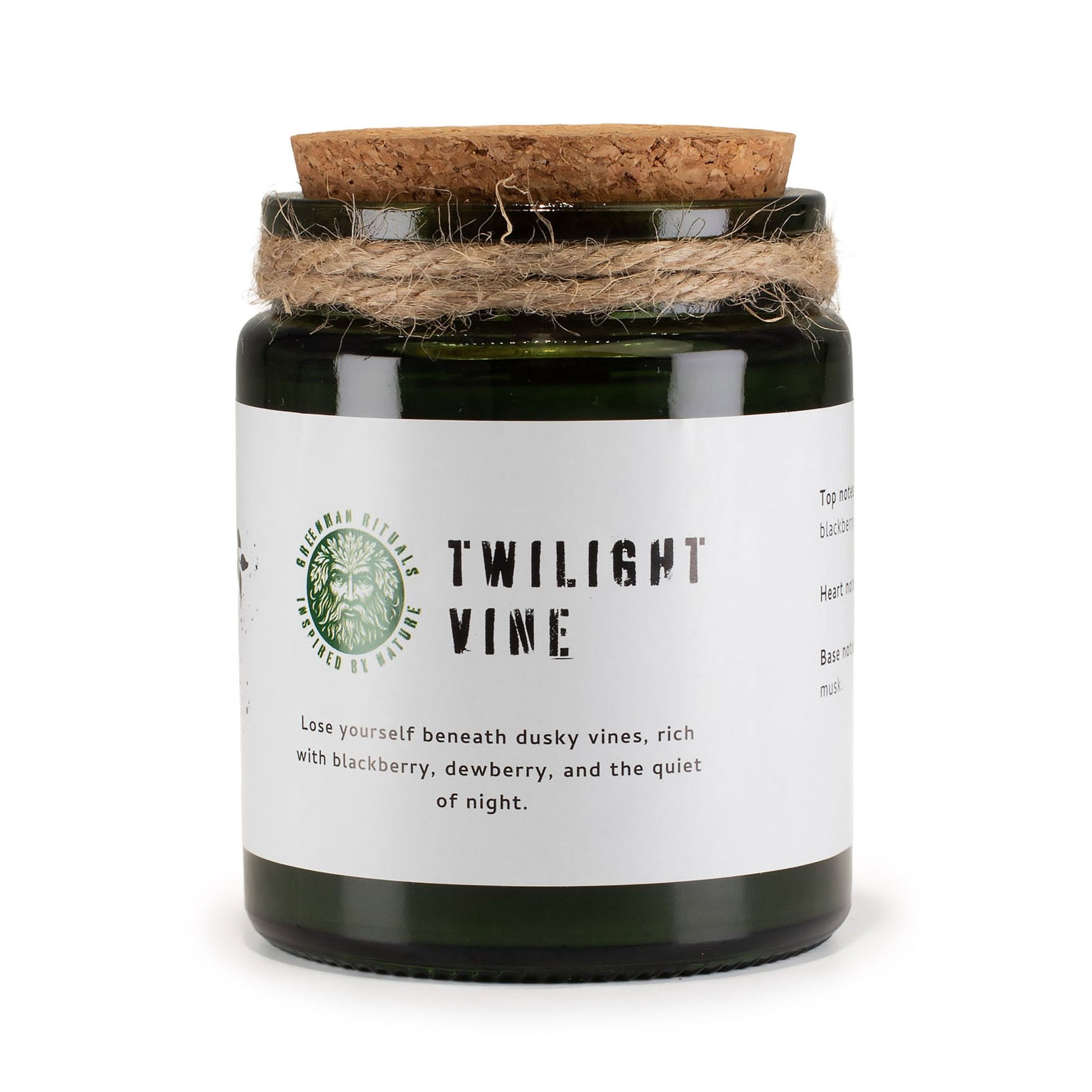 Detailed close up view highlighting the high quality craftsmanship and individual features of the greenman woodwick soy candle twilight vine565