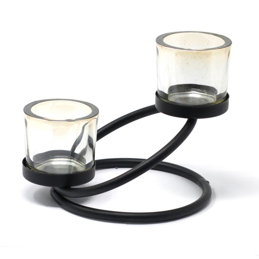 Luxury presentation of the centrepiece iron votive candle holder 2 cup double step401 showing the premium artisan packaging and complete set contents