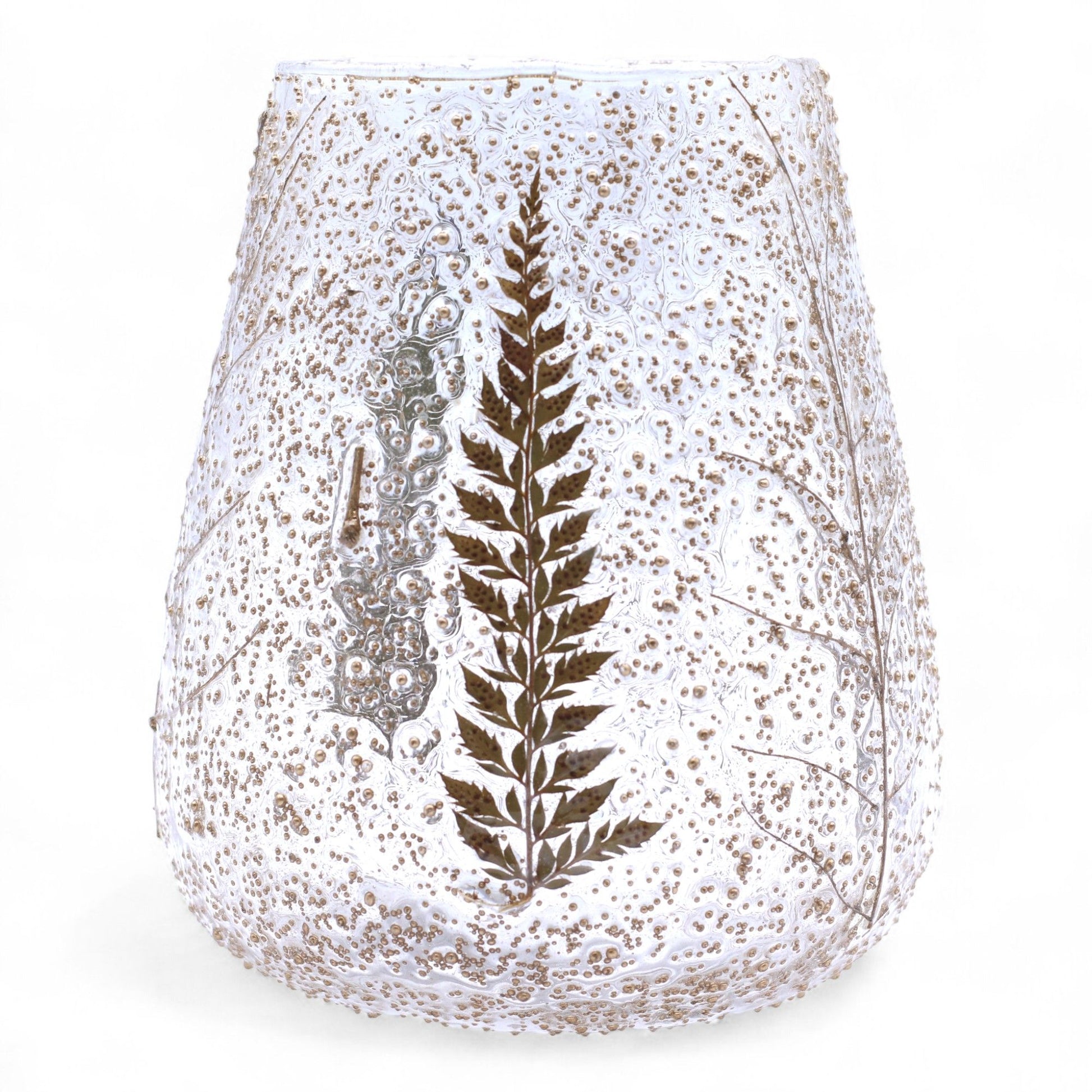 Detailed close up view highlighting the high quality craftsmanship and individual features of the natural floral glass large bowl candle holder pino 15x12cm647