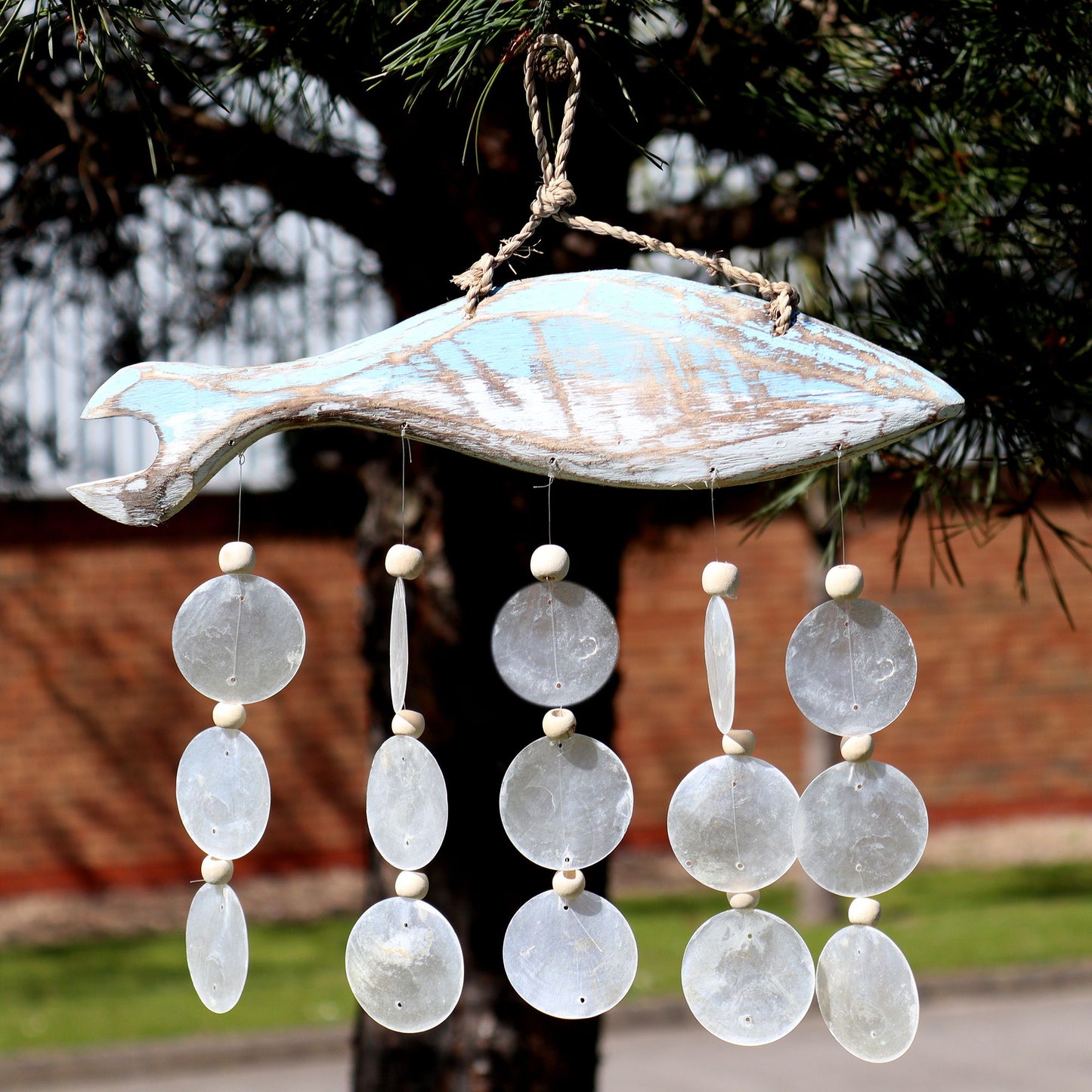 Bluewash Fish Carving and Natural Copis Drop from our luxury driftwood chime collection