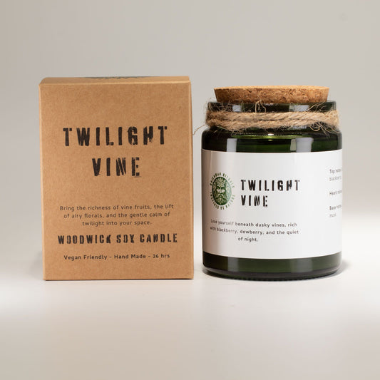 Luxury presentation of the greenman woodwick soy candle twilight vine565 showing the premium artisan packaging and complete set contents