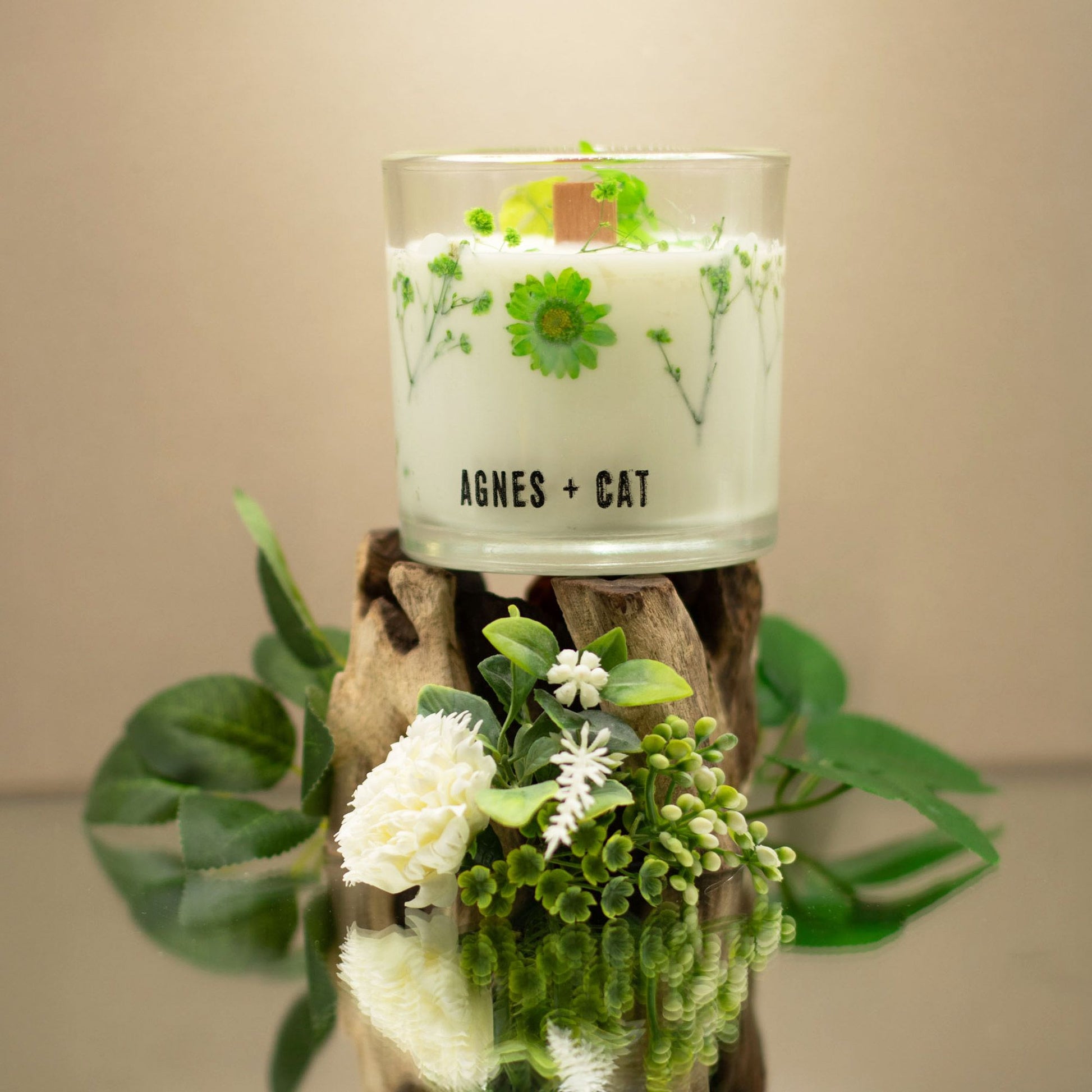 Detailed close up view highlighting the high quality craftsmanship and individual features of the agnes cat botanical soy wax candle fellberry578