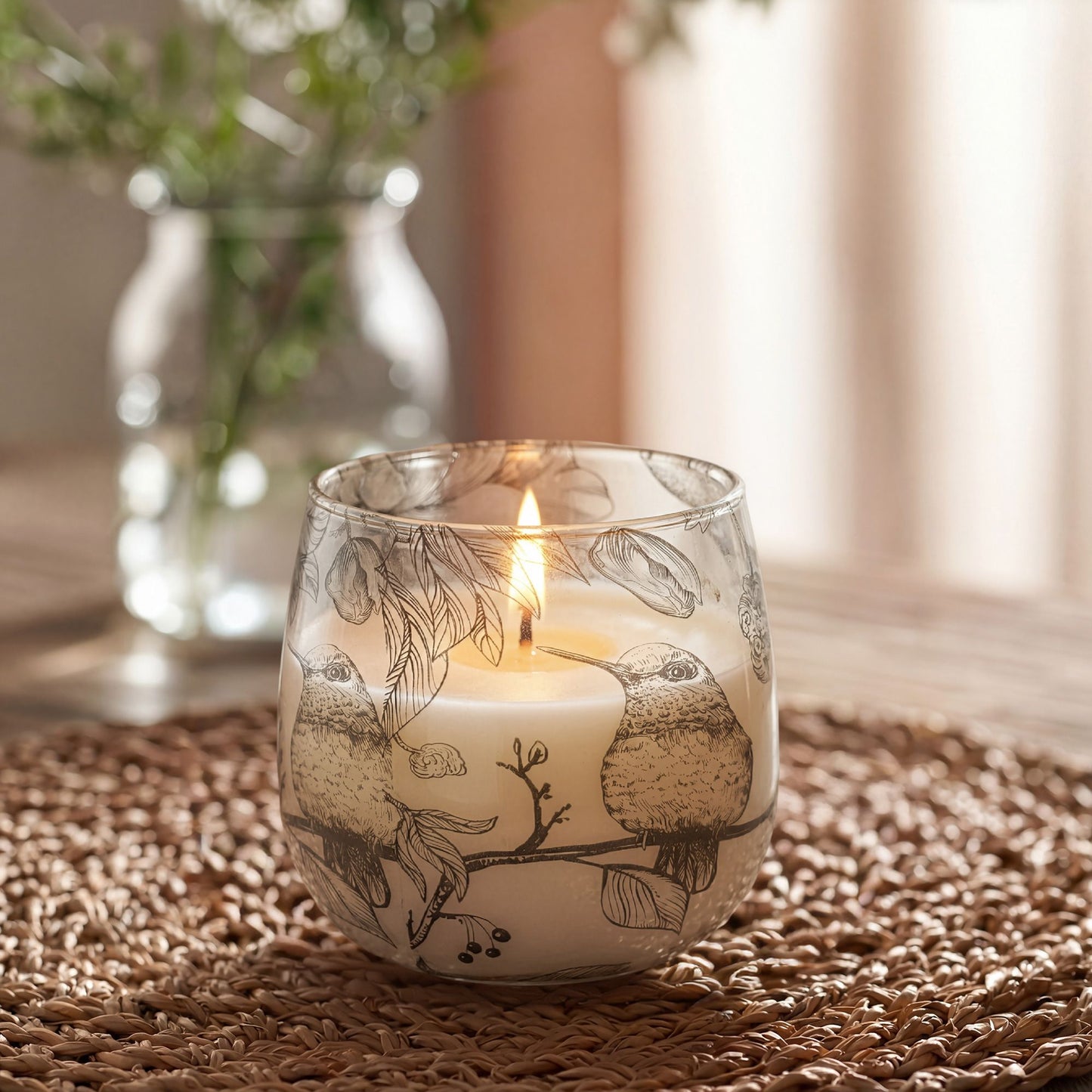 Detailed close up view highlighting the high quality craftsmanship and individual features of the medium glass jar candles drawn by flame385