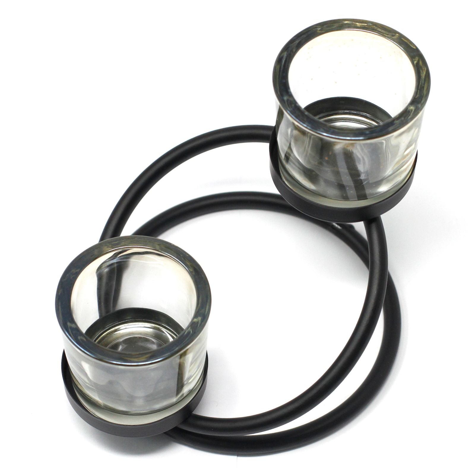 Detailed close up view highlighting the high quality craftsmanship and individual features of the centrepiece iron votive candle holder 2 cup double step401