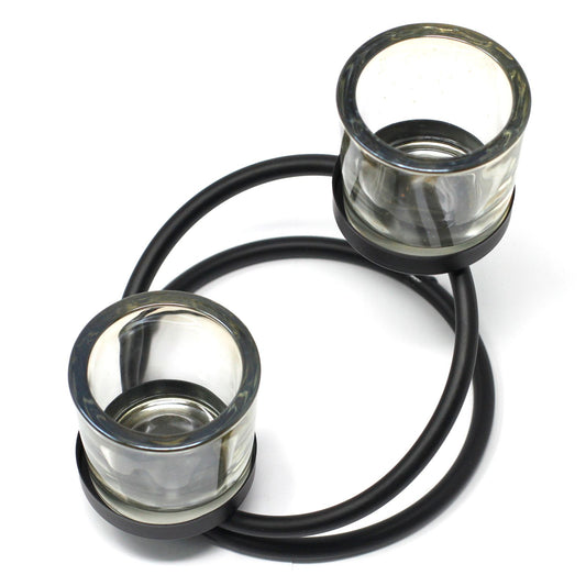 Detailed close up view highlighting the high quality craftsmanship and individual features of the centrepiece iron votive candle holder 2 cup double step401