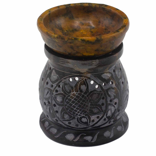 Soapstone Oil Burner 10cm - Mandala Flower - Black & Yellow lifestyle product photo on neutral background