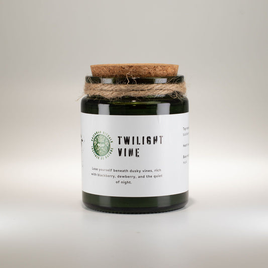 Detailed close up view highlighting the high quality craftsmanship and individual features of the greenman woodwick soy candle twilight vine565