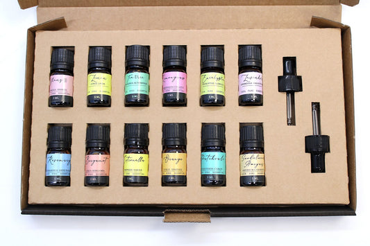 Aromatherapy Essential Oil Set - The Top 12 lifestyle product photo on neutral background