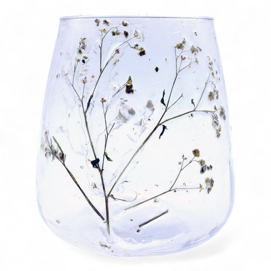 Detailed close up view highlighting the high quality craftsmanship and individual features of the natural floral glass vase candle holder margarita 12x11cm657