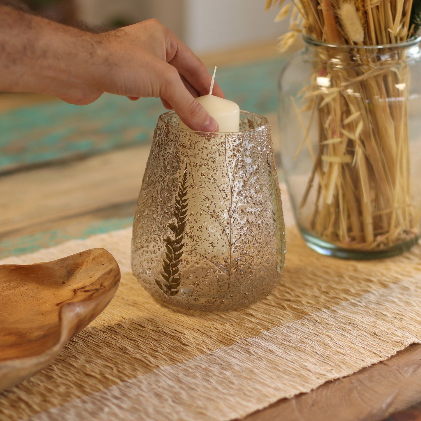 Detailed close up view highlighting the high quality craftsmanship and individual features of the natural floral glass large bowl candle holder pino 15x12cm647