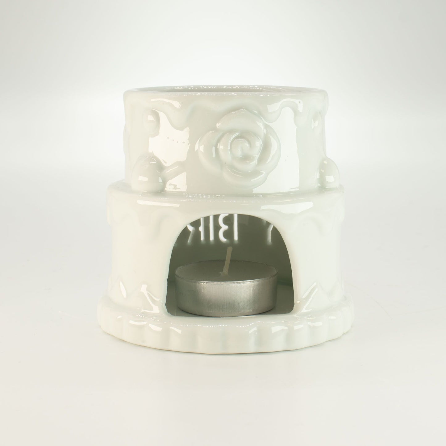 Ceramic Cake Oil Burner - HAPPY BIRTHDAY - White from our luxury ceramic zen oil burners collection