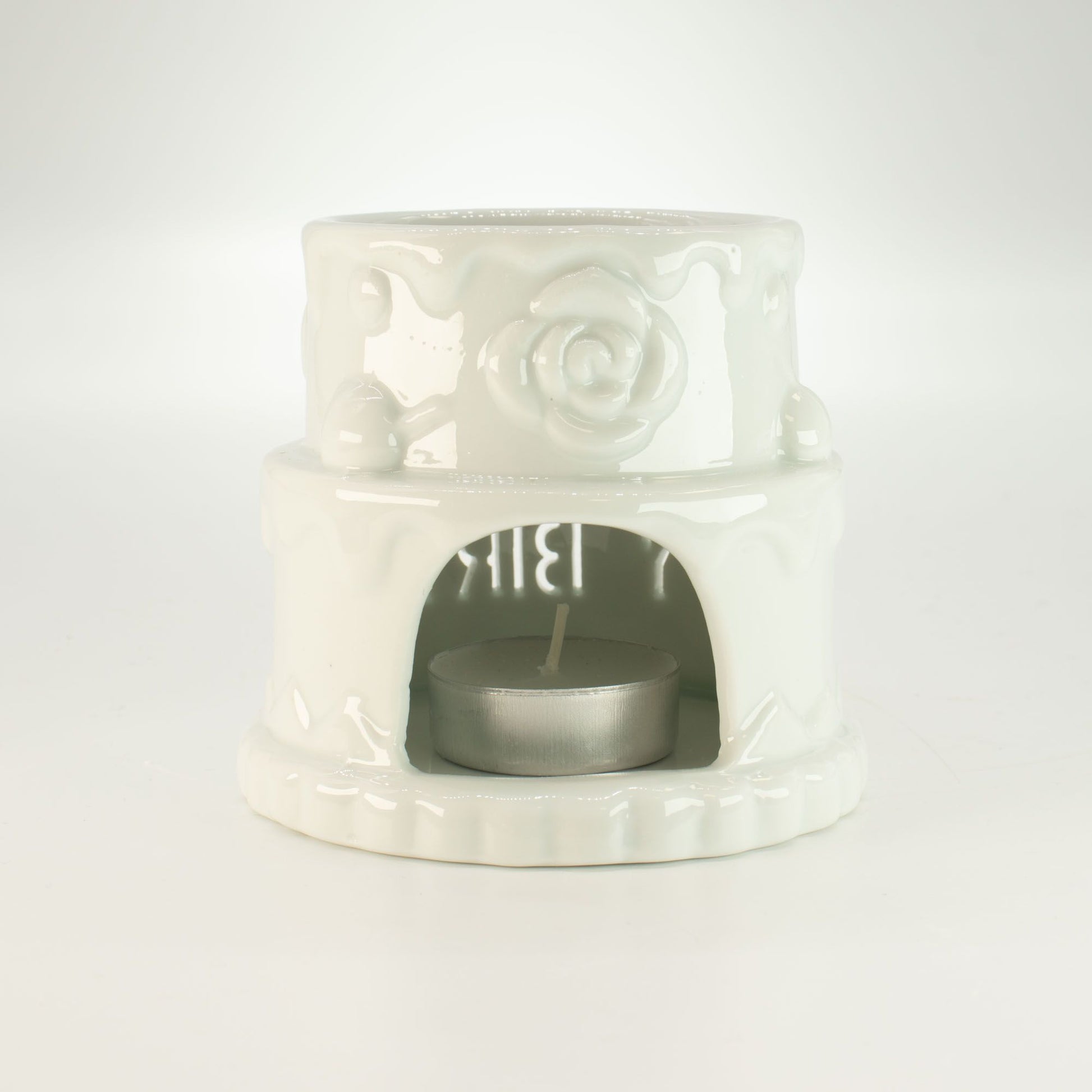 Ceramic Cake Oil Burner - HAPPY BIRTHDAY - White from our luxury ceramic zen oil burners collection