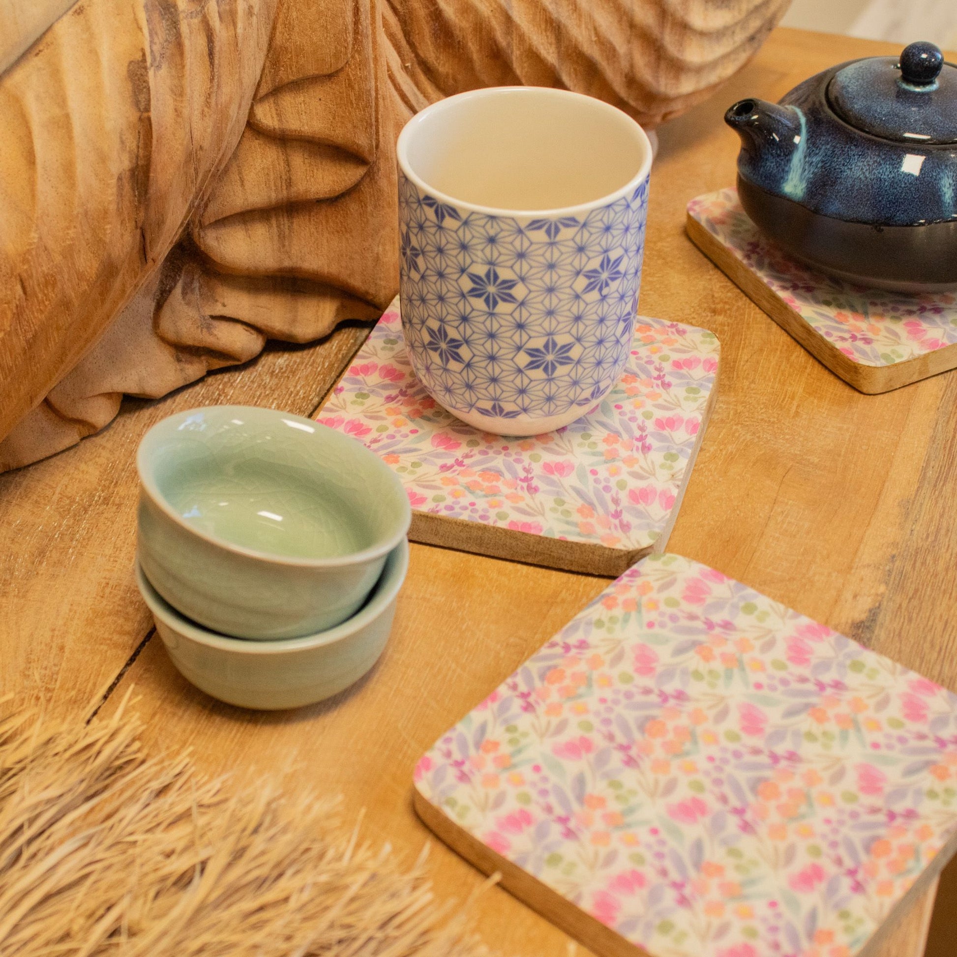 Set of 4 Square Coasters - Pretty Floral from our luxury mango wood bowls, trays & coasters collection