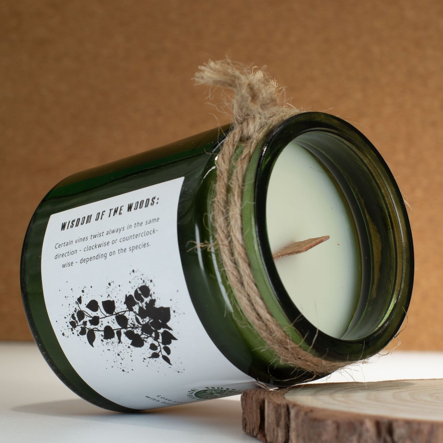 Detailed close up view highlighting the high quality craftsmanship and individual features of the greenman woodwick soy candle twilight vine565