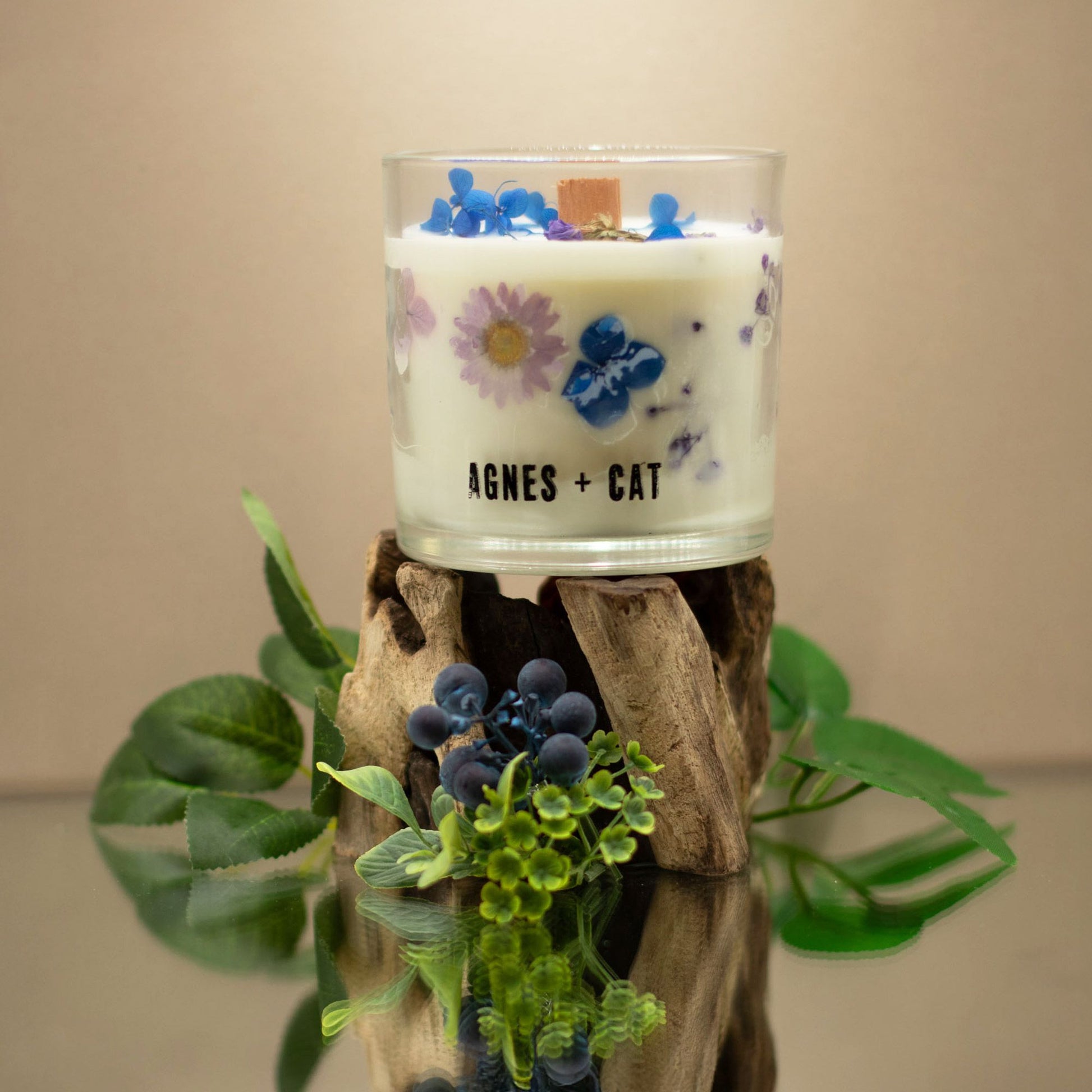 Detailed close up view highlighting the high quality craftsmanship and individual features of the agnes cat botanical soy wax candle moorland506