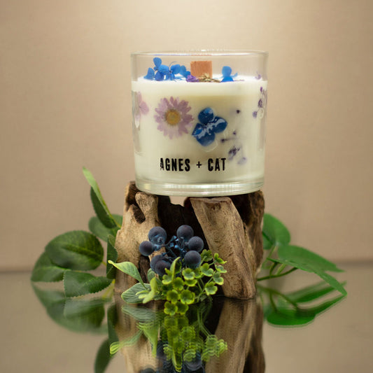 Detailed close up view highlighting the high quality craftsmanship and individual features of the agnes cat botanical soy wax candle moorland506