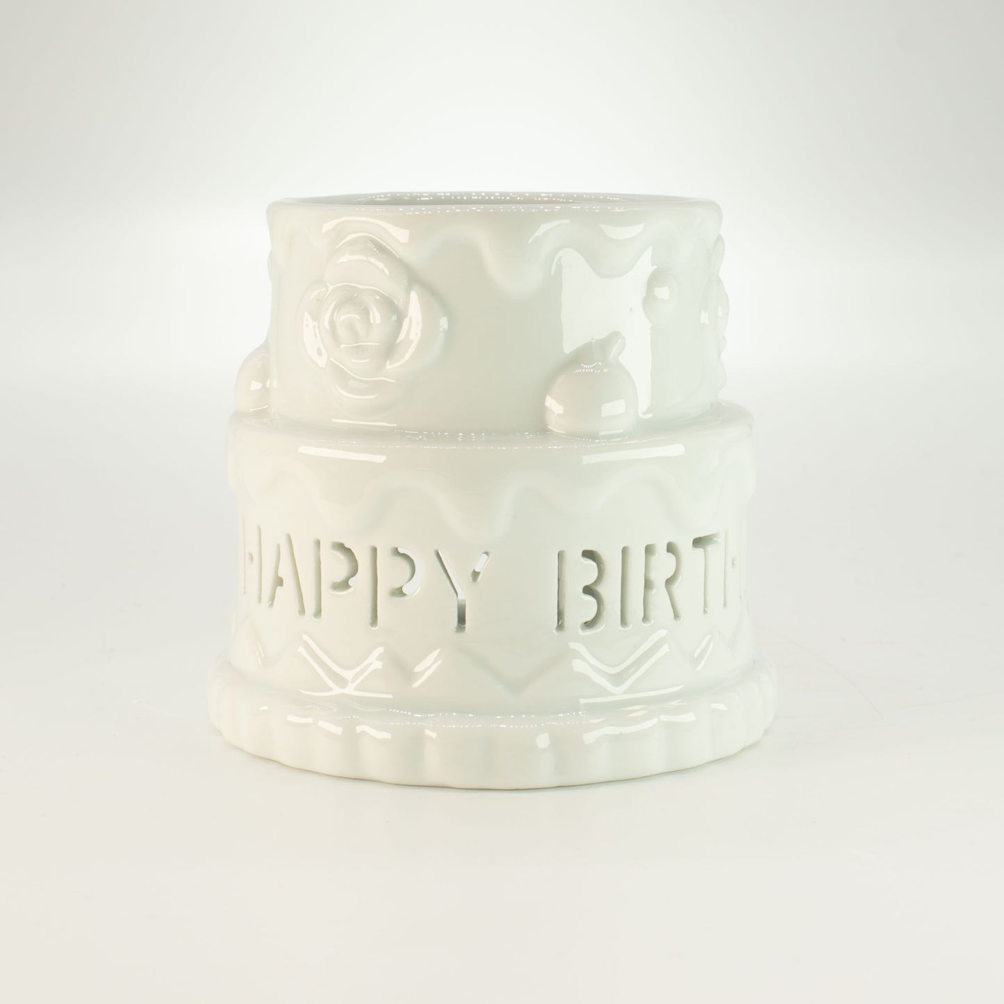 Ceramic Cake Oil Burner - HAPPY BIRTHDAY - White from our luxury ceramic zen oil burners collection