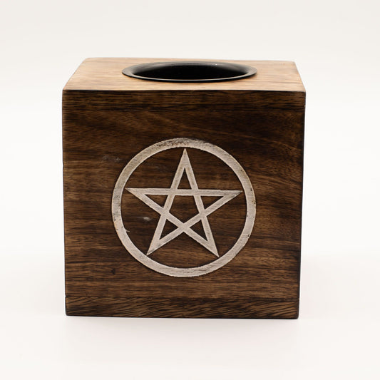 Large Square Mango Wood Oil Burner- Pentagon lifestyle product photo on neutral background