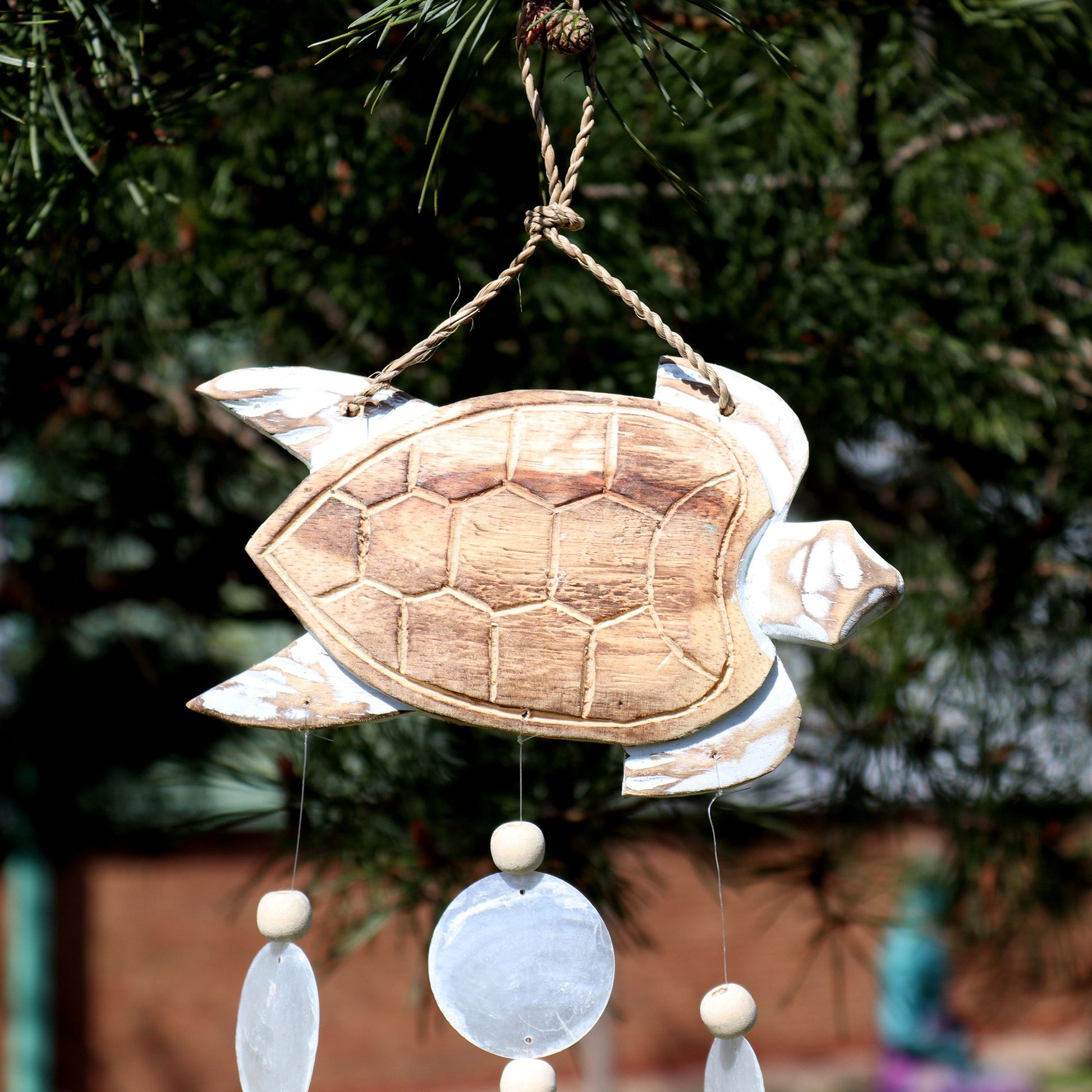 Whitewash Turtle Carving and Natural Copis Drop from our luxury driftwood chime collection