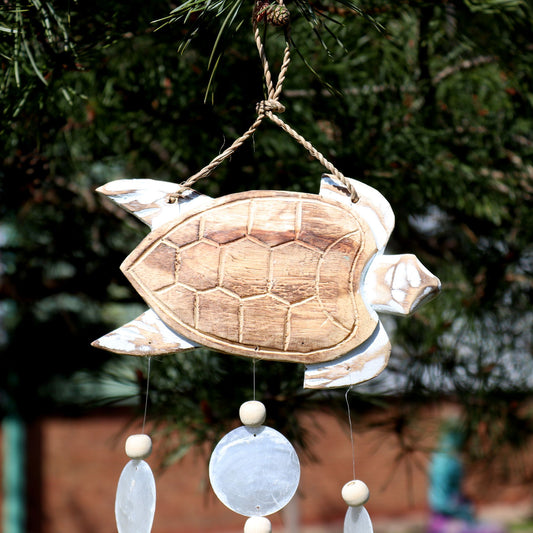 Whitewash Turtle Carving and Natural Copis Drop from our luxury driftwood chime collection