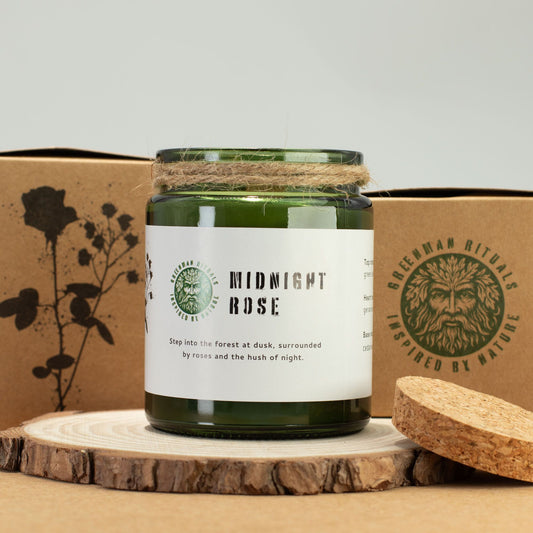 Luxury presentation of the greenman woodwick soy candle midnight rose413 showing the premium artisan packaging and complete set contents