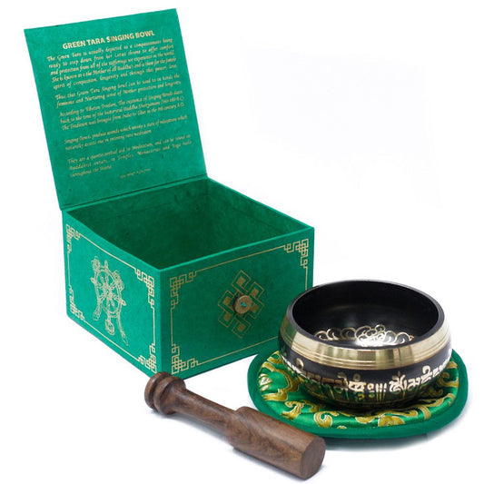 Green Tara Singing Bowl Set 10cm (min 380gm) lifestyle product photo on neutral background