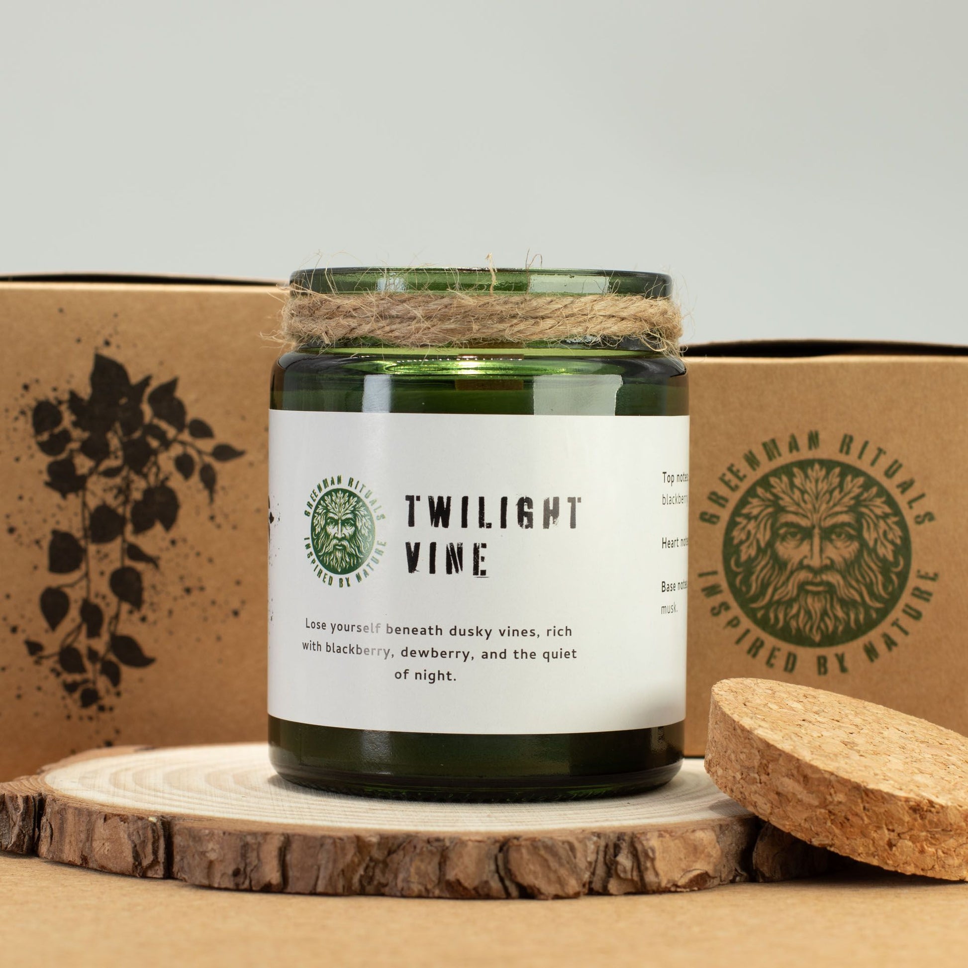 Detailed close up view highlighting the high quality craftsmanship and individual features of the greenman woodwick soy candle twilight vine565