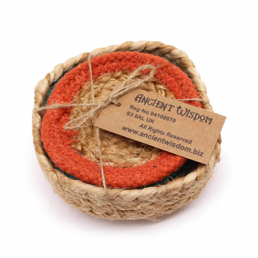 Natural Coaster - Jute & Cotton 10cm  (set of 6) Mixed colours in basket from our luxury indian placemats collection