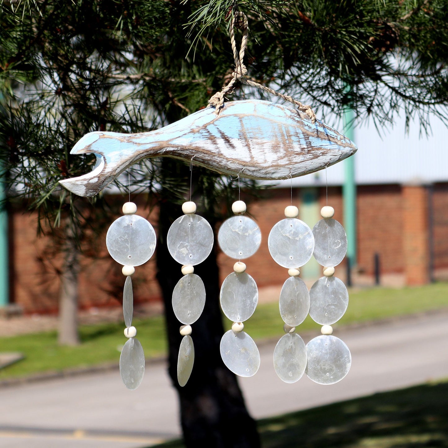 Bluewash Fish Carving and Natural Copis Drop from our luxury driftwood chime collection