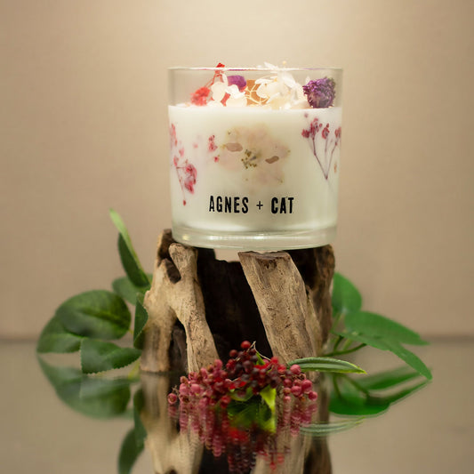 Luxury presentation of the agnes cat botanical soy wax candle roses of sawrey463 showing the premium artisan packaging and complete set contents