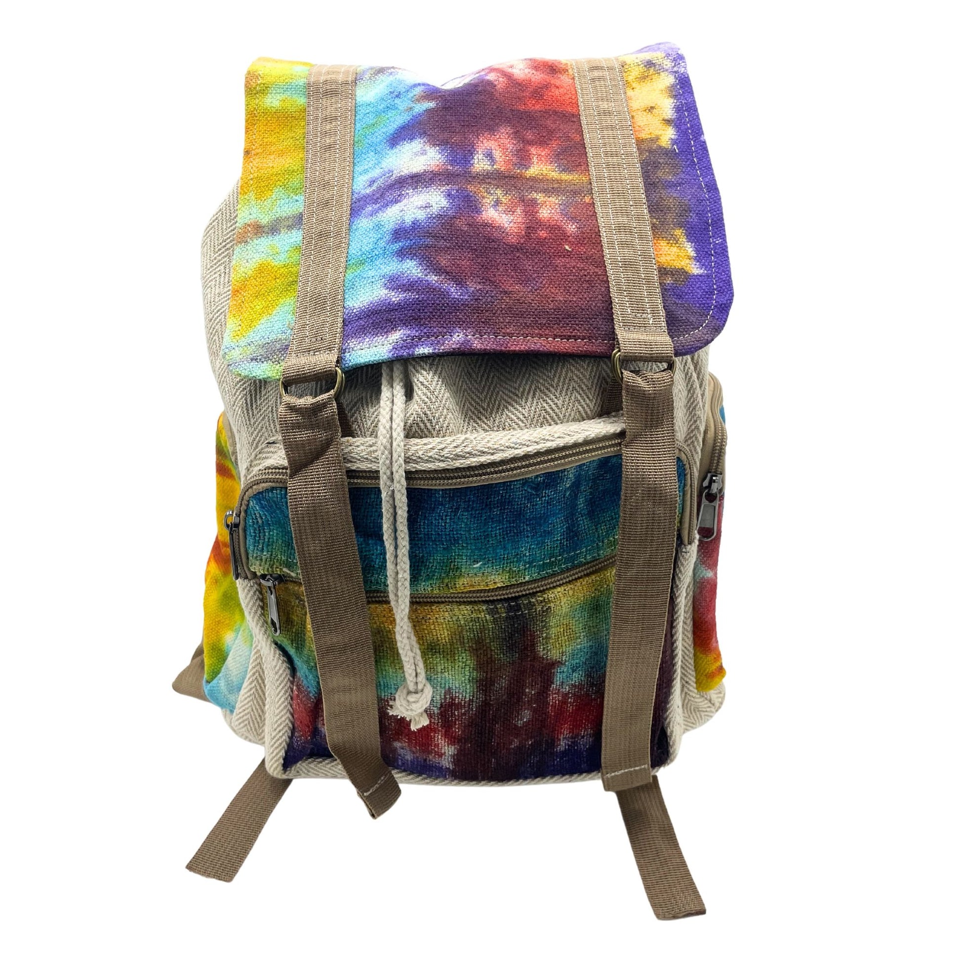 Tiedye Hemp Large Square Backpack lifestyle product photo on neutral background