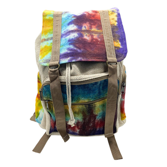 Tiedye Hemp Large Square Backpack lifestyle product photo on neutral background