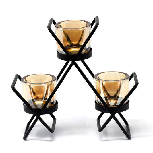 Luxury presentation of the centrepiece iron votive candle holder 3 cup triangle422 showing the premium artisan packaging and complete set contents