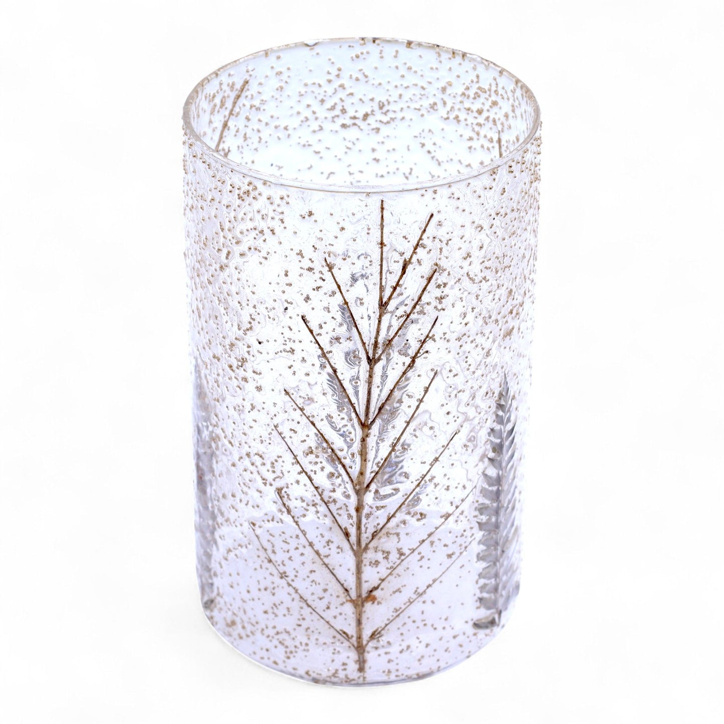 Detailed close up view highlighting the high quality craftsmanship and individual features of the natural floral glass tall vase candle holder pino 19x11cm419